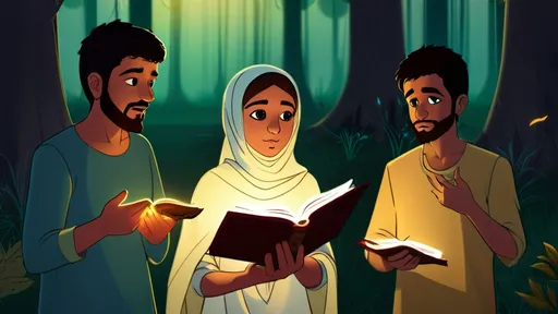 Prompt: "Zainab holds the ancient book from the treasure chest, her eyes scanning the message. Ali and Hassan stand beside her, reading along. The book glows softly, and the surrounding forest seems calm and peaceful, as if waiting for them to understand its message."