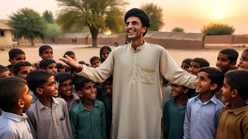 Prompt: Hakeem Shah standing in the village square, surrounded by the children and villagers. He raises one hand as he delivers the final lesson about honesty, kindness, and the true treasure of life. Ali, Hassan, and Zainab stand beside him, smiling. The golden sunset in the background adds a sense of completion and warmth."