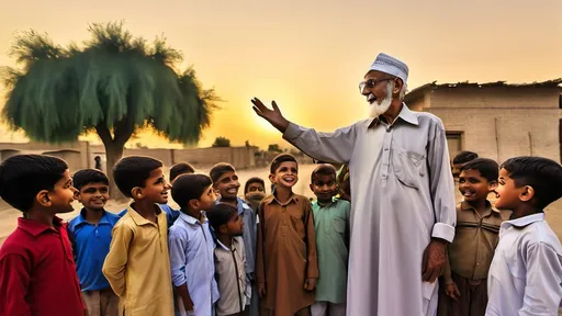 Prompt: Hakeem Shah a wise old man, standing in the village square, surrounded by the children and villagers. He raises one hand as he delivers the final lesson about honesty, kindness, and the true treasure of life. Ali, Hassan, and Zainab stand beside him, smiling. The golden sunset in the background adds a sense of completion and warmth."