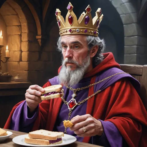 Prompt: The realistic painting of Earl Grey eating an earl gray sandwich in the medieval times in a cinematic sci fi scene wearing a bllod red and violet robe and golden attire with a diamond jewel crown