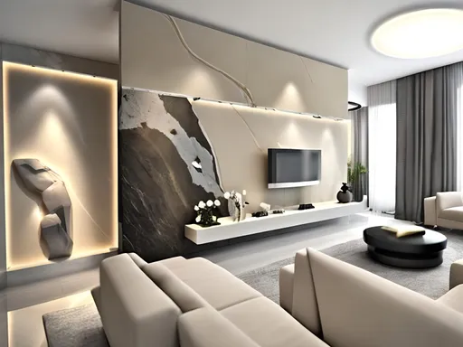 Prompt: Elegant and modern interior design, livingroom, white room with gray-beige Tv wall maked with polished nature Stone with mountain rock releif deteilon right site of Tv wall