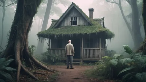 Prompt:  an old bald skinny man standing in front of A creepy old abandoned small cottage made of wood in the middle of jungle, sorrounded by trees and tendrils, in realistic photo style, covered with fog and mist, 4K realistic