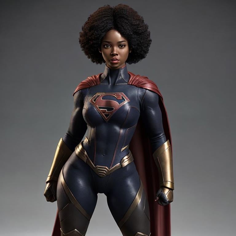 Prompt: black supergirl with more curves, afro short hair, medium built body shape, standup figure