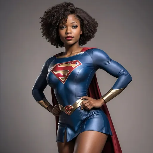 Prompt: black supergirl with more curves, afro short raised hair, image from top to knee