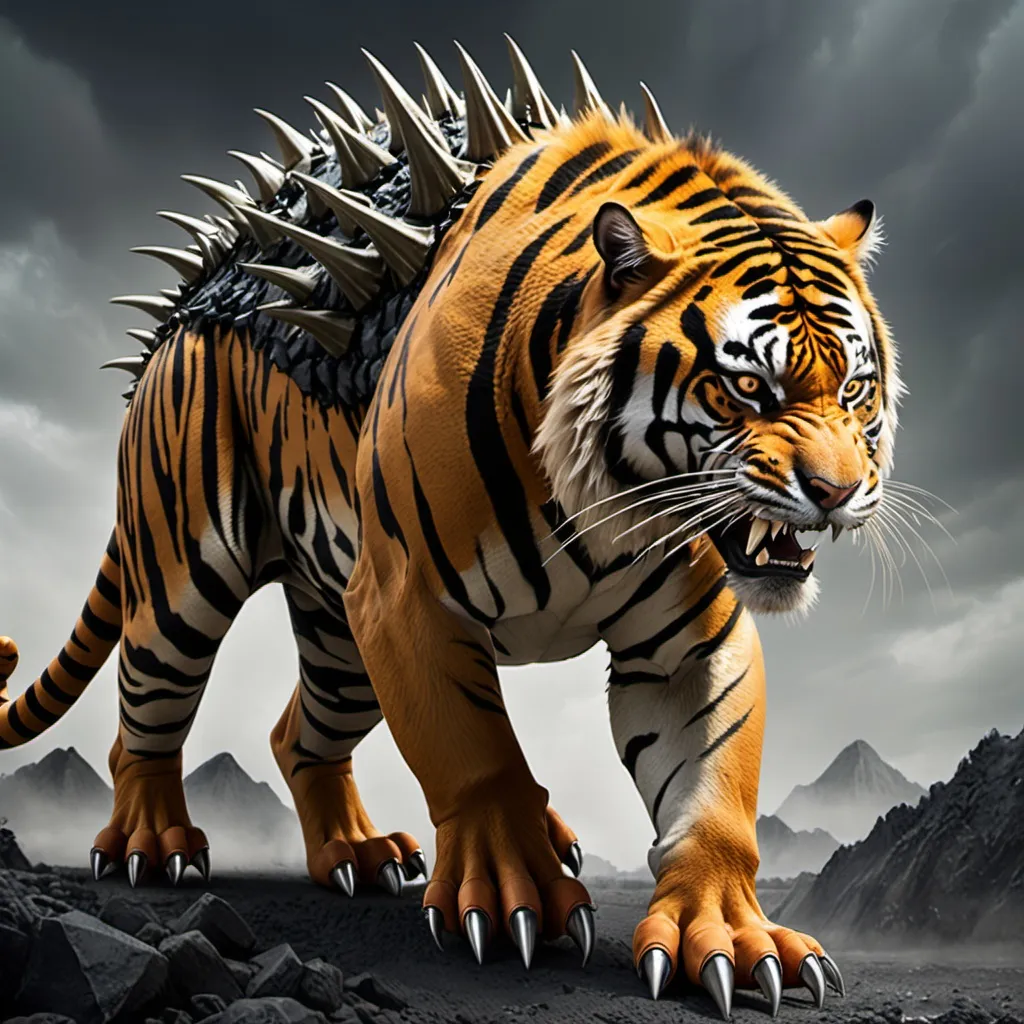 Prompt: Tiger with Godzilla spikes on its back