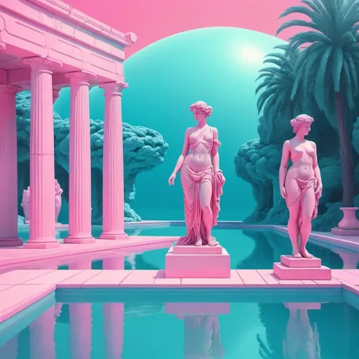 Prompt: Vaporwave pool with a female greek sculptures