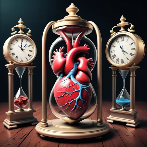 Prompt: a human heart inside an hourglass  sitting on a table with clocks and watches all over 

