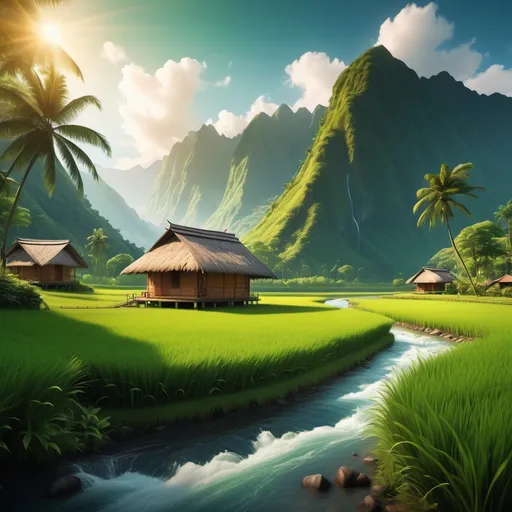 Prompt: a vibrant FIELD, (lush green grass), (nipa hut) nestled among (towering mountains) in the background, a tranquil (river) flowing diagonally through the scene, surrounded by (tall trees), bright sunlight casting warm tones on the landscape, serene atmosphere, ultra-detailed, high quality, cinematic depth, peaceful and idyllic ambiance.