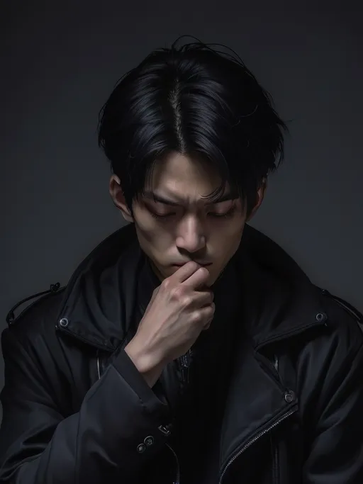 Prompt: a man in a black jacket is staring at something in the dark with his eyes closed and his head tilted, Fan Kuan, vanitas, profile picture, a picture