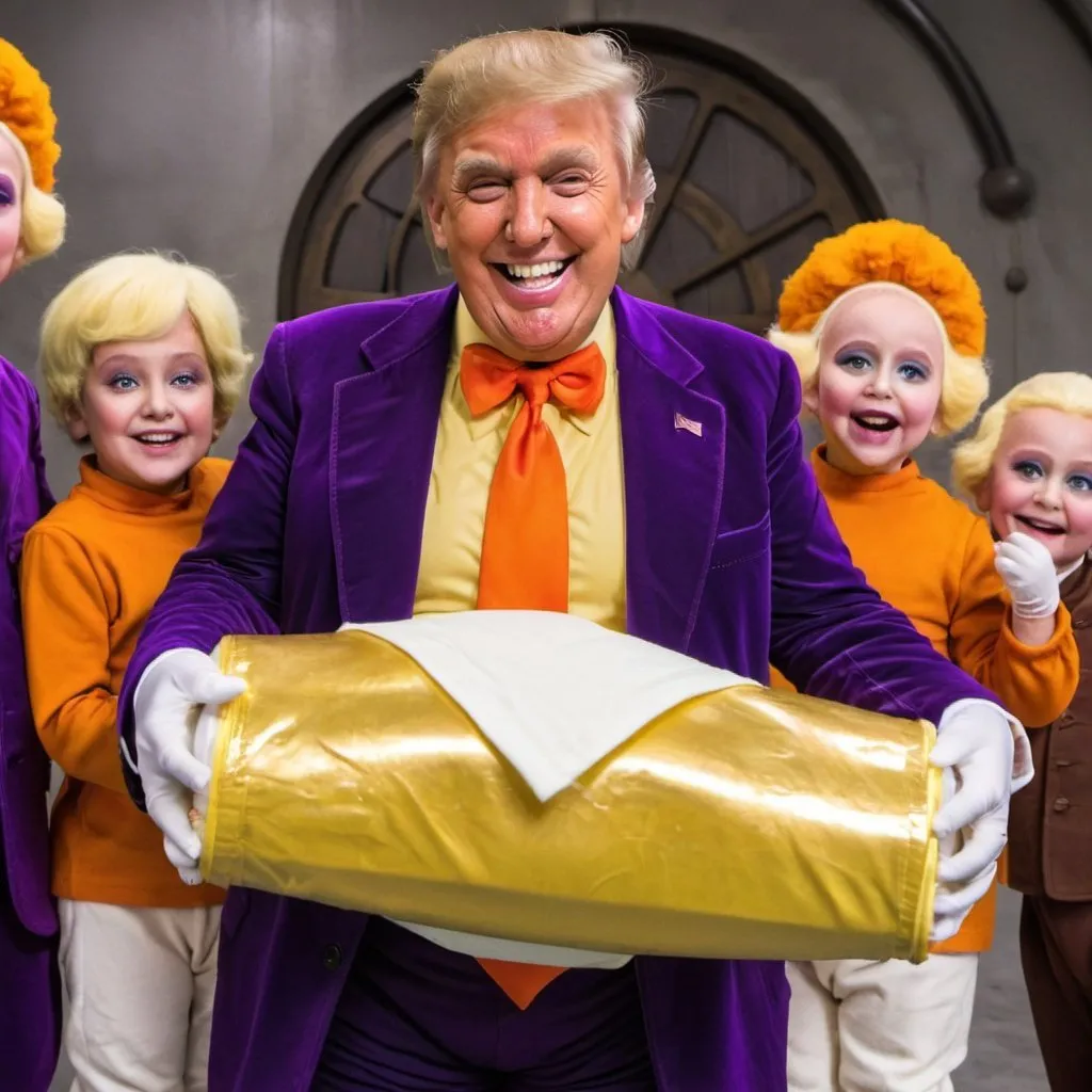 Prompt: donald trump, smiling, dressed as an oompa loompa in willy wonka's chocolate factory holding a golden diaper