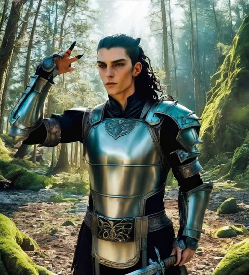 Prompt: Beautiful caucasian man with medium length obsidian black hair tied back, hairstyle is trimmed shorter on the sides. He is wearing silver earrings. Has pale green eyes, cat pupils. He is 25-30 years old. Lean body and wearing dark leather armor with scale details in tribal style. Wields a big sword. Wide smile. Smug expression. He has sharp eyebrows. He's in the woods.