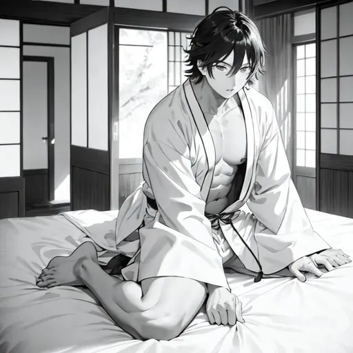 Prompt: Create a manga scene where a man wakes up in his room. Highlight the waking sensation and ambiance of the room by capturing every detail of the room and the characteristic style of Japanese sleeves do it in black and white