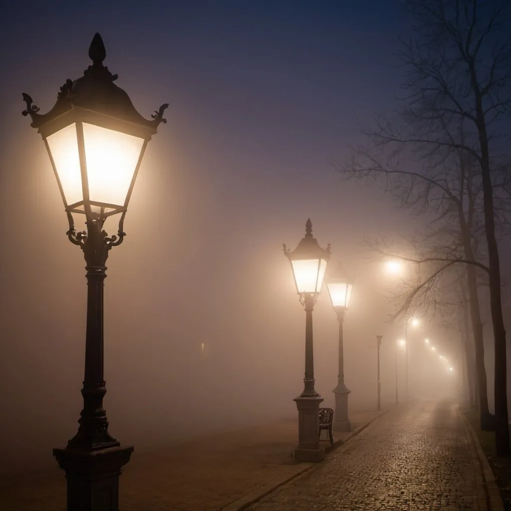 Prompt: Street lamp in fog in the night