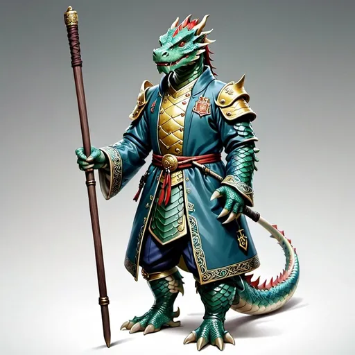 Prompt: Yuan-ti male with human legs, scales from the torso up, noble clothing with a coat of arms emblem, and a walking staff with hidden rapier