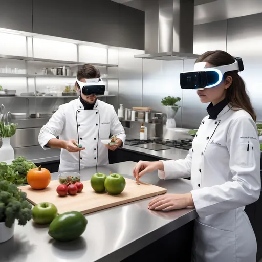 Prompt: Una cocina del futuro con estudiantes especializados en diferentes áreas: cocina molecular, innovación en tecnología alimentaria y sostenibilidad. En el fondo, una pantalla grande muestra un entorno de cocina simulado con realidad virtual.

_Elementos:_

- Un estudiante trabajando en un laboratorio de cocina molecular.
- Un robot cocina automatizado preparando un plato sostenible.
- Un instructor explicando conceptos de ciencia de los alimentos.
- Un estudiante utilizando gafas de realidad virtual para practicar técnicas culinarias.
- Un jardín interior con ingredientes locales y plantas comestibles.

_Colores:_

- Verde y azul, representando la sostenibilidad y la innovación.
- Blancos y negros, para resaltar la modernidad y la profesionalidad.

_Estilo:_

- Futurista y minimalista, con líneas limpias y texturas metálicas.


Esta imagen busca reflejar la evolución de la educación culinaria hacia la especialización y la innovación, destacando la importancia de la sostenibilidad y la tecnología en la cocina del futuro.