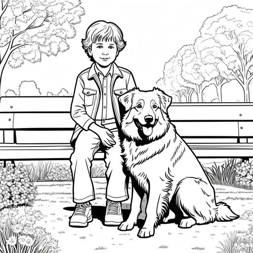 Prompt: B&W coloring book page, little boy with his English shepherd dog in the park, line art, solid white background