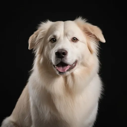 Prompt: Cream colored English shepherd dog, black background, minimalistic 