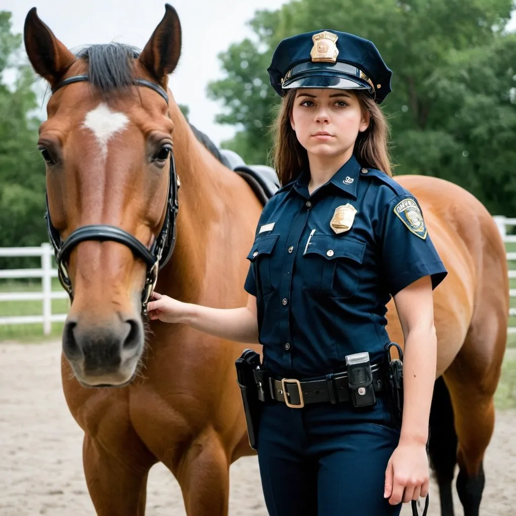 Prompt: A girl cop is standing by her horse