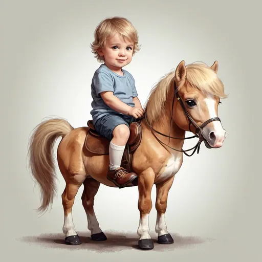 Prompt: Cute little boy sitting on a little pony, illustration