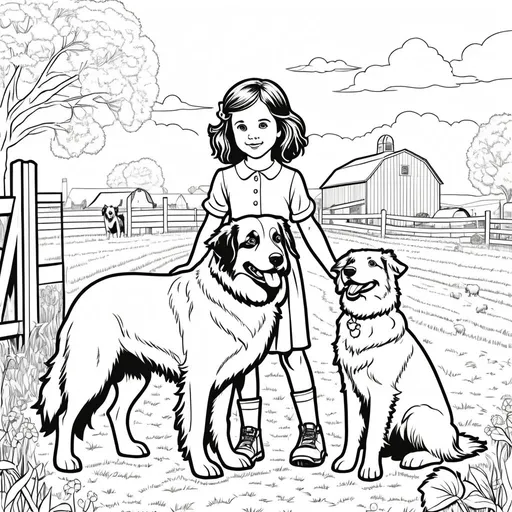 Prompt: B&W coloring book page, little girl with her English shepherd dog on a farm, line art, solid white background