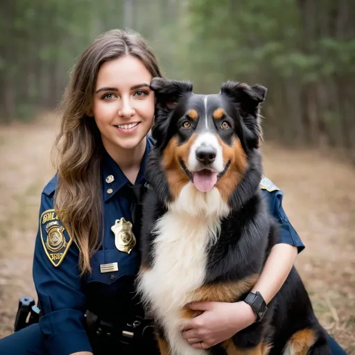 Prompt: Girl cop with her English shepherd dog