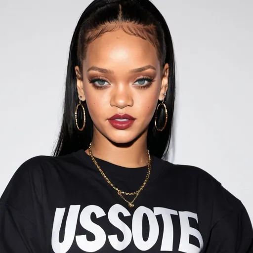 Prompt: Rihanna is wearing an oversized black t-shirt with white text "US sorte" on the front, close-up angle, hyper realistic photo.