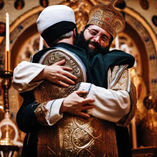 Prompt: Orthodox Church religious men hugging friendly
