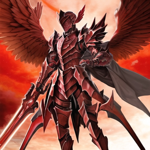 Prompt: An armoured archangel with four blood red wings, two broadswords, fully armoured, wearing a helmet that covers his face completely 