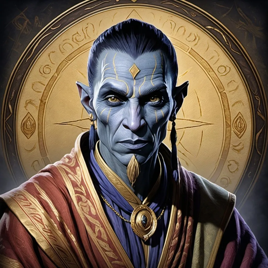 Prompt: elder scrolls online promotional portrait, Hlaalu master, dunmer, gold robe, scheming expression, silk tapestry