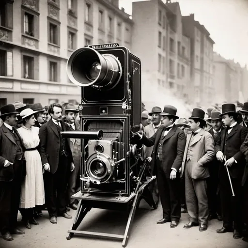 Prompt: The image shows the Lumière brothers, Auguste and Louis, standing next to their early film camera, the Cinématographe. They are surrounded by a group of people, including other filmmakers and spectators, watching one of the brothers' first films being projected onto a screen. The Lumière brothers are credited with inventing the technology that paved the way for modern cinema, revolutionizing the way we experience and consume visual storytelling. Their groundbreaking work marked the beginning of the golden age of cinema and has had a lasting impact on the art form to this day.