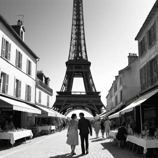 Prompt: A collage showcasing the various film genres celebrated at different festivals.

A couple embracing under the Eiffel Tower for the Angoulême Francophone Film Festival (romantic theme).
A scene from a visually stunning animated film for the Annecy International Animation Film Festival.
A dramatic scene from a black-and-white independent film for the La Rochelle International Film Festival.
Actors laughing together on a sunny beach for the Cabourg Film Festival (romantic comedy theme).
A bustling marketplace scene from a film set in a Mediterranean country for the Montpellier Mediterranean Film Festival.