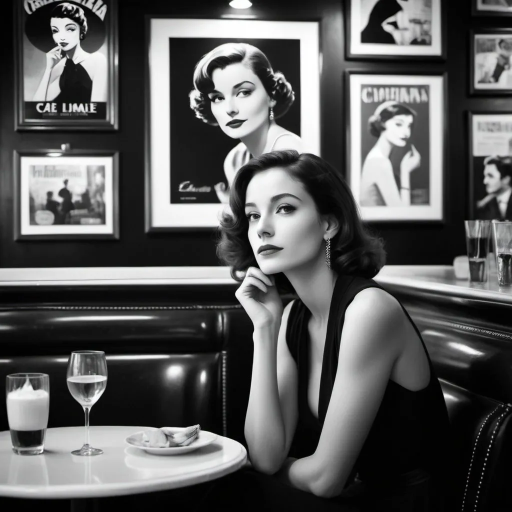 Prompt: A black and white image of a woman in a chic Parisian caf�, with iconic French movie posters decorating the walls in the background. The woman exudes a sense of mystery and sophistication, embodying the style and allure of French cinema.