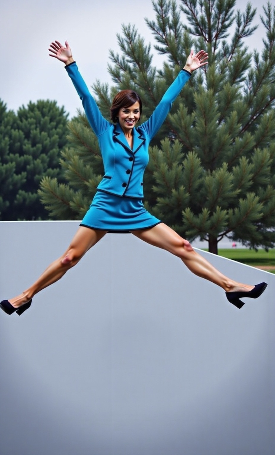 Prompt: woman smiling in a light pink skirt suit with a pixie haircut