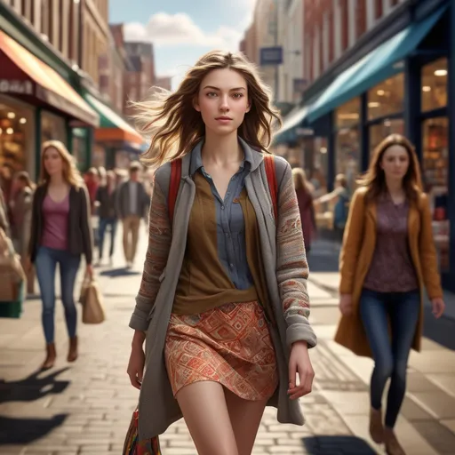 Prompt: photorealistic, (tall young woman) walking down a bustling high street, (detailed clothing) highlighting textures and patterns, (natural lighting) creating soft shadows, dynamic and lively atmosphere, capturing movement and energy around, shops and people in the background, (ultra-detailed), vibrant colors, evoking a warm and inviting ambiance.