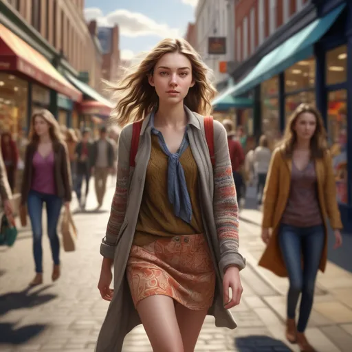 Prompt: photorealistic, (tall young woman) walking down a bustling high street, (detailed clothing) highlighting textures and patterns, (natural lighting) creating soft shadows, dynamic and lively atmosphere, capturing movement and energy around, shops and people in the background, (ultra-detailed), vibrant colors, evoking a warm and inviting ambiance.