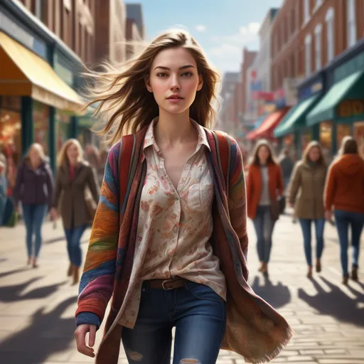 Prompt: photorealistic, (tall young woman) walking down a bustling high street, (detailed clothing) highlighting textures and patterns, (natural lighting) creating soft shadows, dynamic and lively atmosphere, capturing movement and energy around, shops and people in the background, (ultra-detailed), vibrant colors, evoking a warm and inviting ambiance.