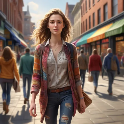 Prompt: photorealistic, (tall young woman) walking down a bustling high street, (detailed clothing) highlighting textures and patterns, (natural lighting) creating soft shadows, dynamic and lively atmosphere, capturing movement and energy around, shops and people in the background, (ultra-detailed), vibrant colors, evoking a warm and inviting ambiance.