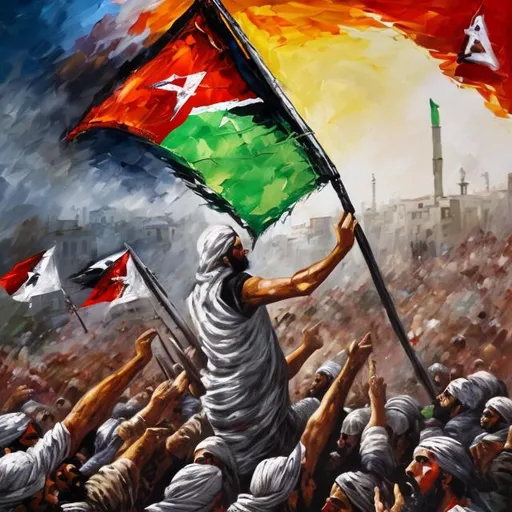 Prompt: Expressive acrylic painting of Fedayeen revolutionaries, Palestinian keffiyeh, raising Palestinian flags in Gaza, high-quality, vibrant colors, acrylic painting, expressive brushstrokes, Palestinian revolution, detail-oriented, intense emotions, historical significance, powerful imagery, bold composition, passionate colors, professional artwork, atmospheric lighting