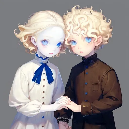 Prompt: An albino girl with blonde short curly hands with blue eyes holding hands with a white boy with brown eyes and brown hair 