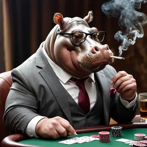 Prompt: Hippopotamus in suit and glasses playing poker while smoking cigar