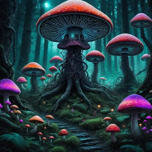 Prompt: dark psychedelic forest, magic mushrooms, aliens, evil mythical creatures, factory farming