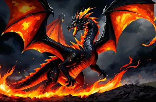 Prompt: Black Fire Dragon, With fire around it, the environment around it like a battle field with a dark sky, 