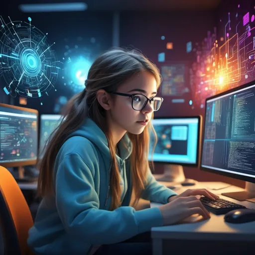 Prompt: (focused depiction of a girl) engaging with software development, immersed in coding on a computer, vibrant colors, warm lighting, showcasing expression of curiosity and determination, modern tech environment, detailed computer interface elements, books scattered around, (ultra-detailed) workspace atmosphere, inspiring ambiance reflecting creativity and innovation, (4K) quality image capturing the beauty of technology.