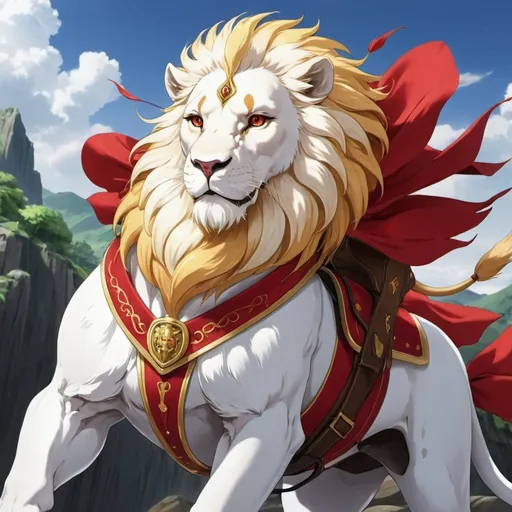 Prompt: image of anime lion which is white and has golden eyes and has a golden streak on its back, it has a handsome man riding on its back with a red saddle
