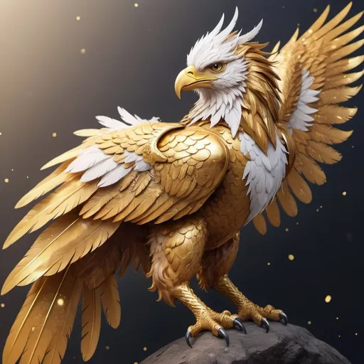 Prompt: Golden anime griffin majestic with white specks and golden feathers
