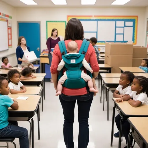 Prompt: Teacher facing class
Many students and parents in classroom
baby carrier on teacher's back
moving boxes