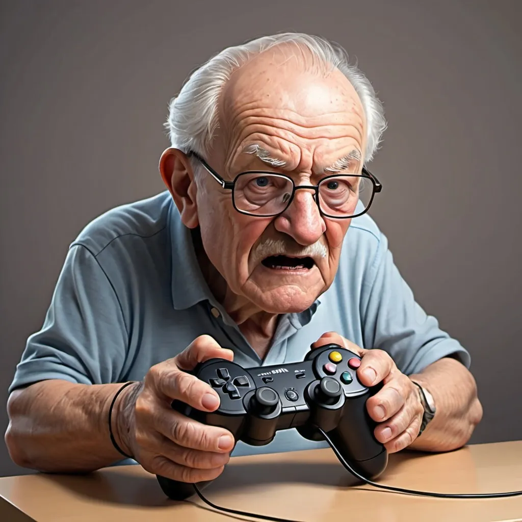 Prompt: Detailed Cartoon pic of Grandpa playing a video game console aggressively 