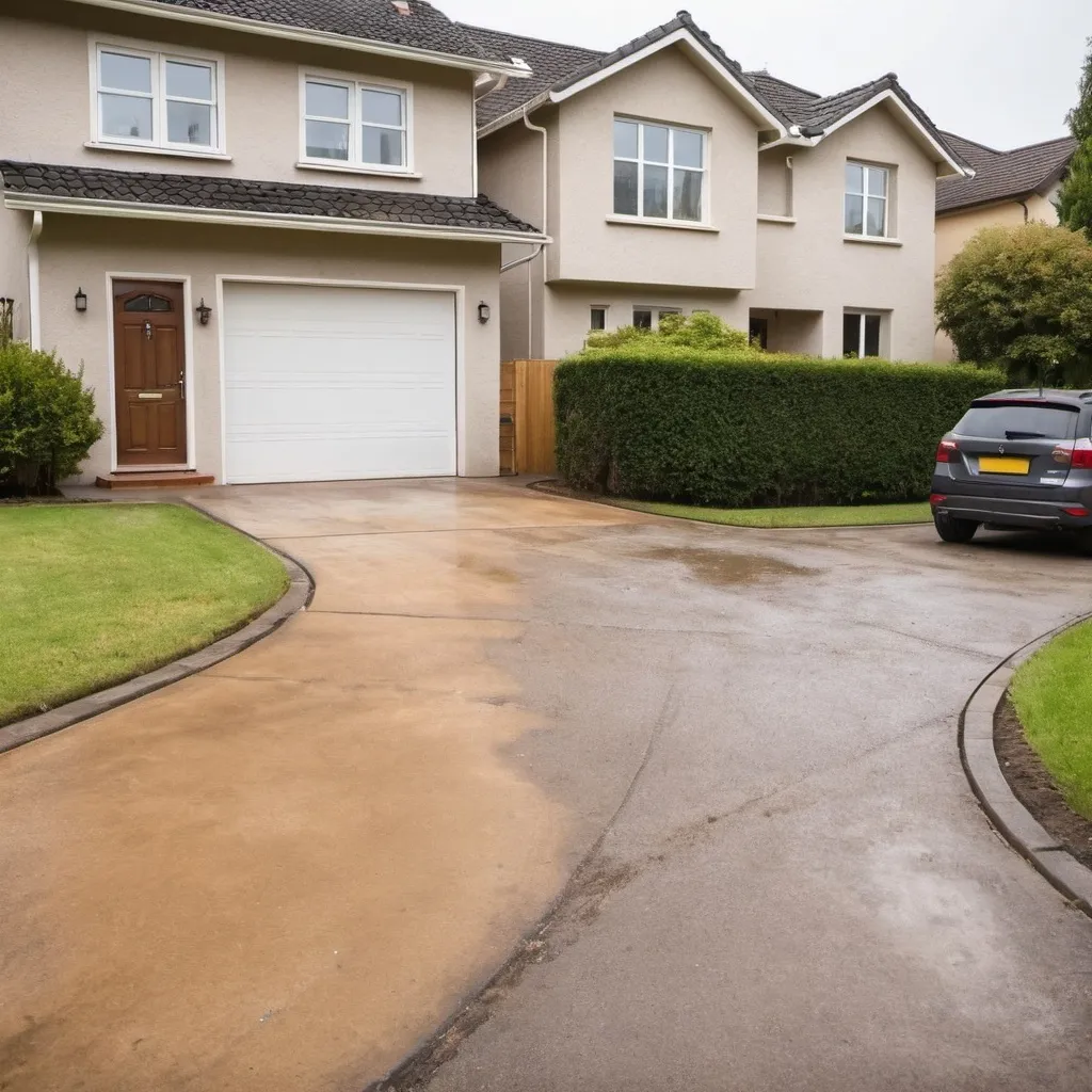 Prompt: A house with a driveway where right side house driveway is very dirty and the left side house driveway is freshly cleaned with a washer. The image should be realistic, focus on driveway
