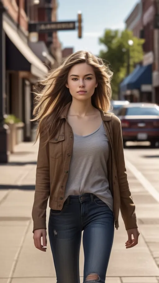 Prompt: Tall young woman walking down main street, realistic natural lighting, detailed clothing, high resolution, fine detail, photography, realistic, urban setting, detailed hair, casual fashion, naturalistic lighting, professional photography