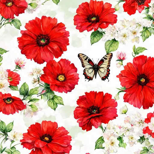 Prompt: a red flower and white flower with one beautiful butterfly in between them, a seamlessly blending pattern for a cloth